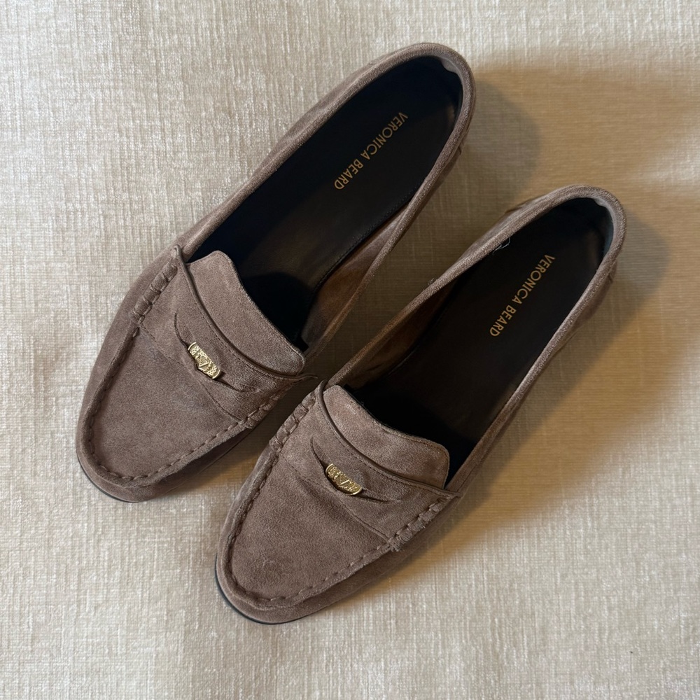 Veronica Beard Taupe Suede Penny Loafers - Picture 2 of 6